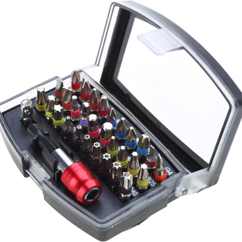 Σετ bit κατσαβιδιού - Υλικό S2, 32 τεμάχια, περιλαμβάνει επίπεδο, σταυρό, Pozidriv, εξάγωνο, ασφαλισμένο Torx, άξονας γρήγορης απόσπασης