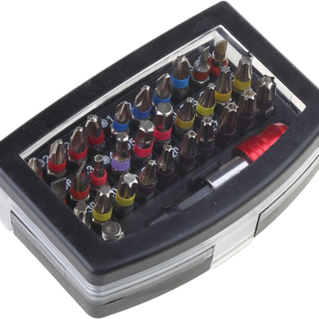 Σετ bit κατσαβιδιού - Υλικό S2, 32 τεμάχια, περιλαμβάνει επίπεδο, σταυρό, Pozidriv, εξάγωνο, ασφαλισμένο Torx, άξονας γρήγορης απόσπασης
