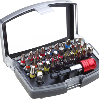 Σετ bit κατσαβιδιού - Υλικό S2, 32 τεμάχια, περιλαμβάνει επίπεδο, σταυρό, Pozidriv, εξάγωνο, ασφαλισμένο Torx, άξονας γρήγορης απόσπασης