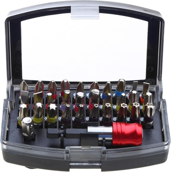 Σετ bit κατσαβιδιού - Υλικό S2, 32 τεμάχια, περιλαμβάνει επίπεδο, σταυρό, Pozidriv, εξάγωνο, ασφαλισμένο Torx, άξονας γρήγορης απόσπασης