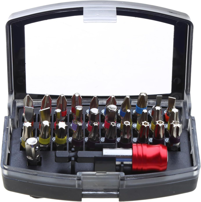 Σετ bit κατσαβιδιού - Υλικό S2, 32 τεμάχια, περιλαμβάνει επίπεδο, σταυρό, Pozidriv, εξάγωνο, ασφαλισμένο Torx, άξονας γρήγορης απόσπασης