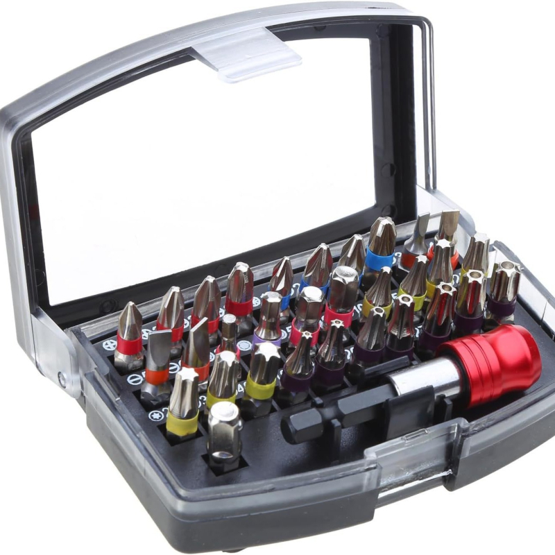 Σετ bit κατσαβιδιού - Υλικό S2, 32 τεμάχια, περιλαμβάνει επίπεδο, σταυρό, Pozidriv, εξάγωνο, ασφαλισμένο Torx, άξονας γρήγορης απόσπασης