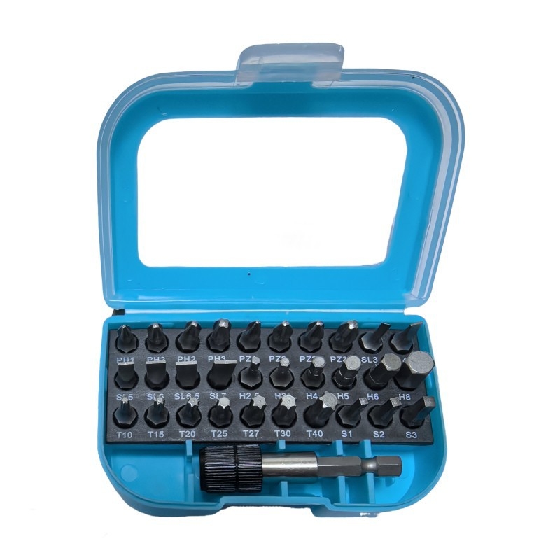 Σετ bit κατσαβιδιού - Υλικό S2, 32 τεμάχια, περιλαμβάνει επίπεδο, σταυρό, Pozidriv, εξάγωνο, ασφαλισμένο Torx, άξονας γρήγορης απόσπασης