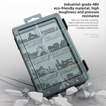 Plasztikus alkatrész tároló doboz többszintes rekeszekkel és megerősített válaszfalakkal, levehető elválasztókkal csavarokhoz, fúrófejekhez és elektronikai alkatrészekhez