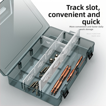 Πλαστικό κουτί εξαρτημάτων με πολυάριθμα διαμερίσματα και παχυνμένες ενισχυμένες θήκες, αποσπώμενοι διαχωριστές για βίδες, τρυπάνια και ηλεκτρονικά εξαρτήματα