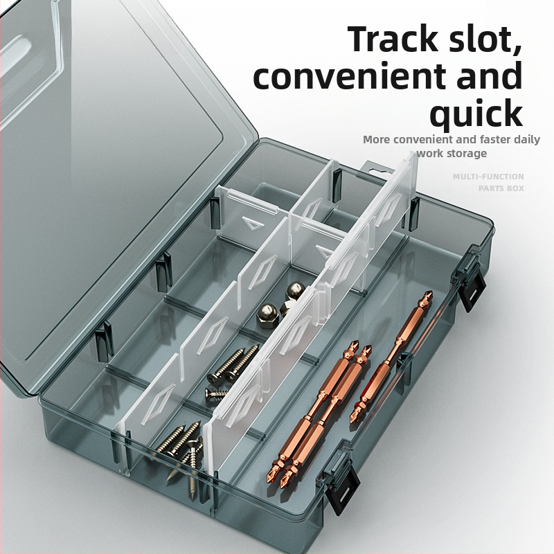 Пластмасова кутия за части с множество отделения и дебело подсилени прегради, подвижни разделители за винтове, битове и електронни компоненти