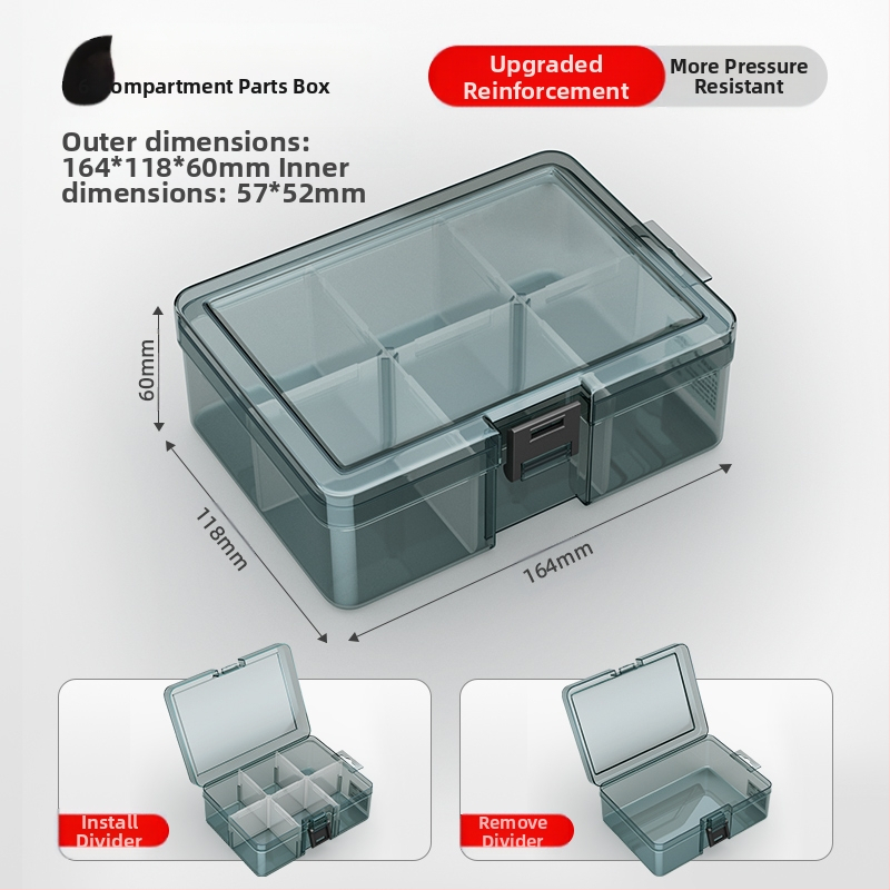 Plasztikus alkatrész tároló doboz többszintes rekeszekkel és megerősített válaszfalakkal, levehető elválasztókkal csavarokhoz, fúrófejekhez és elektronikai alkatrészekhez