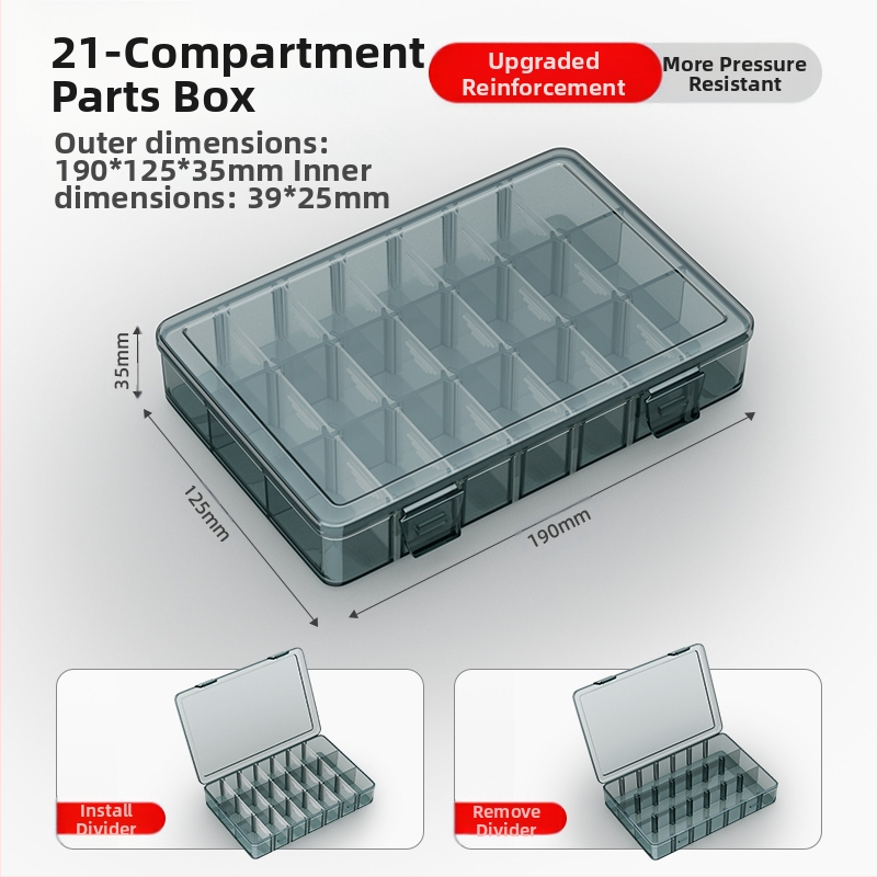 Plasztikus alkatrész tároló doboz többszintes rekeszekkel és megerősített válaszfalakkal, levehető elválasztókkal csavarokhoz, fúrófejekhez és elektronikai alkatrészekhez