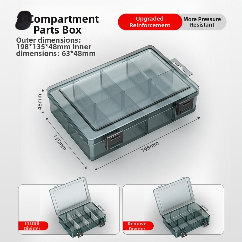 Plasztikus alkatrész tároló doboz többszintes rekeszekkel és megerősített válaszfalakkal, levehető elválasztókkal csavarokhoz, fúrófejekhez és elektronikai alkatrészekhez