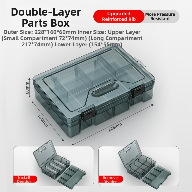 Plasztikus alkatrész tároló doboz többszintes rekeszekkel és megerősített válaszfalakkal, levehető elválasztókkal csavarokhoz, fúrófejekhez és elektronikai alkatrészekhez