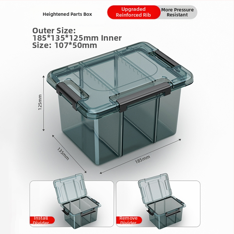 Plasztikus alkatrész tároló doboz többszintes rekeszekkel és megerősített válaszfalakkal, levehető elválasztókkal csavarokhoz, fúrófejekhez és elektronikai alkatrészekhez