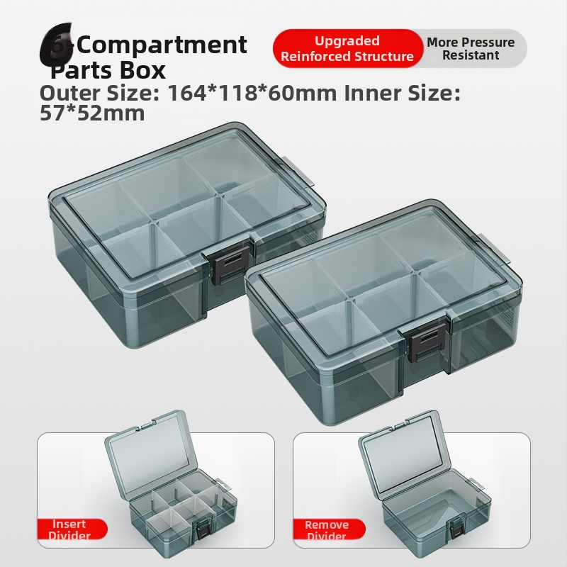 Plasztikus alkatrész tároló doboz többszintes rekeszekkel és megerősített válaszfalakkal, levehető elválasztókkal csavarokhoz, fúrófejekhez és elektronikai alkatrészekhez