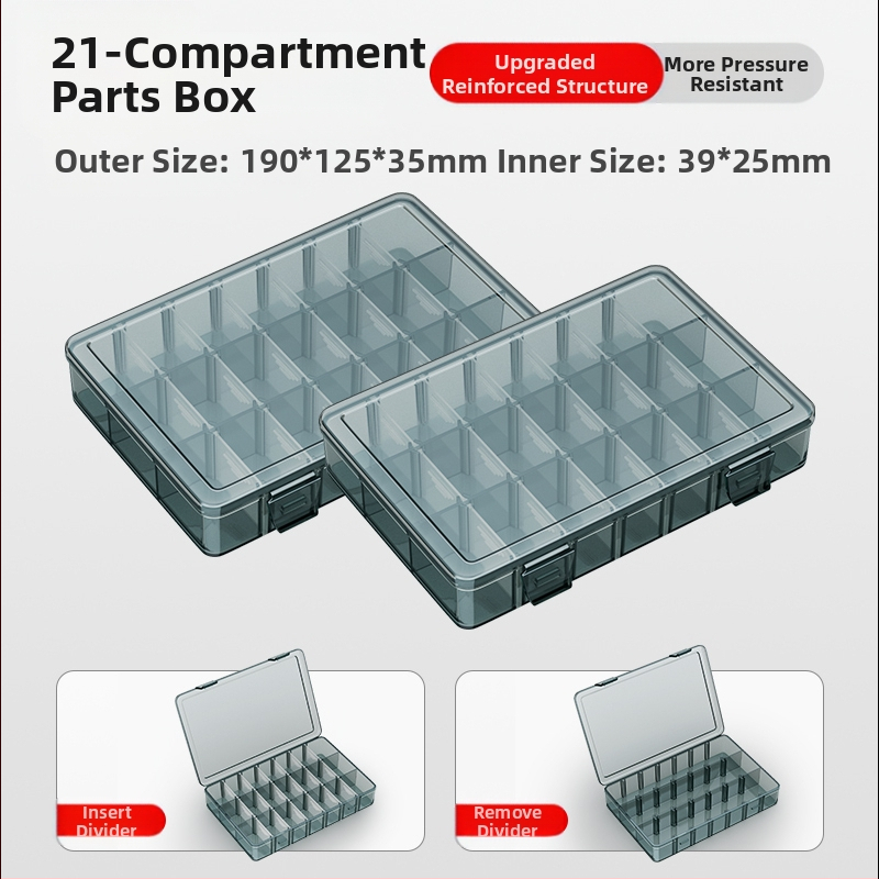Plasztikus alkatrész tároló doboz többszintes rekeszekkel és megerősített válaszfalakkal, levehető elválasztókkal csavarokhoz, fúrófejekhez és elektronikai alkatrészekhez