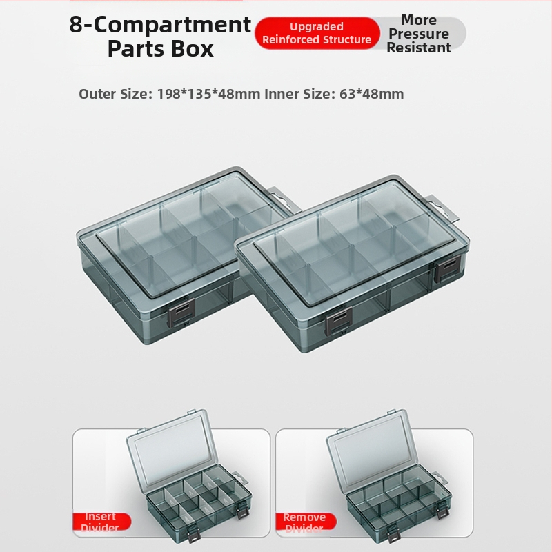 Plasztikus alkatrész tároló doboz többszintes rekeszekkel és megerősített válaszfalakkal, levehető elválasztókkal csavarokhoz, fúrófejekhez és elektronikai alkatrészekhez