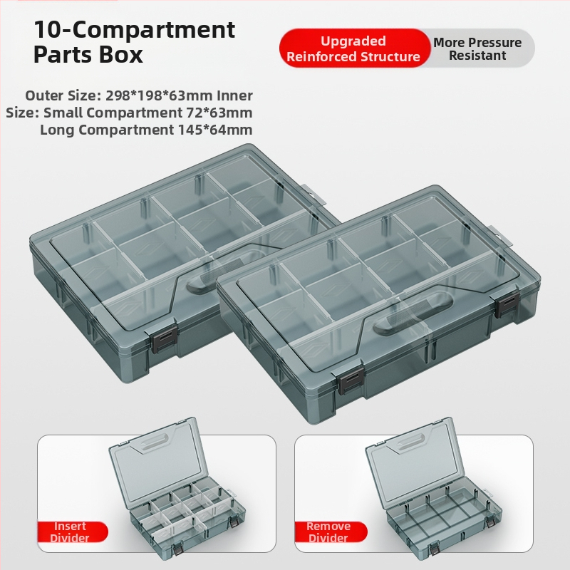 Plasztikus alkatrész tároló doboz többszintes rekeszekkel és megerősített válaszfalakkal, levehető elválasztókkal csavarokhoz, fúrófejekhez és elektronikai alkatrészekhez