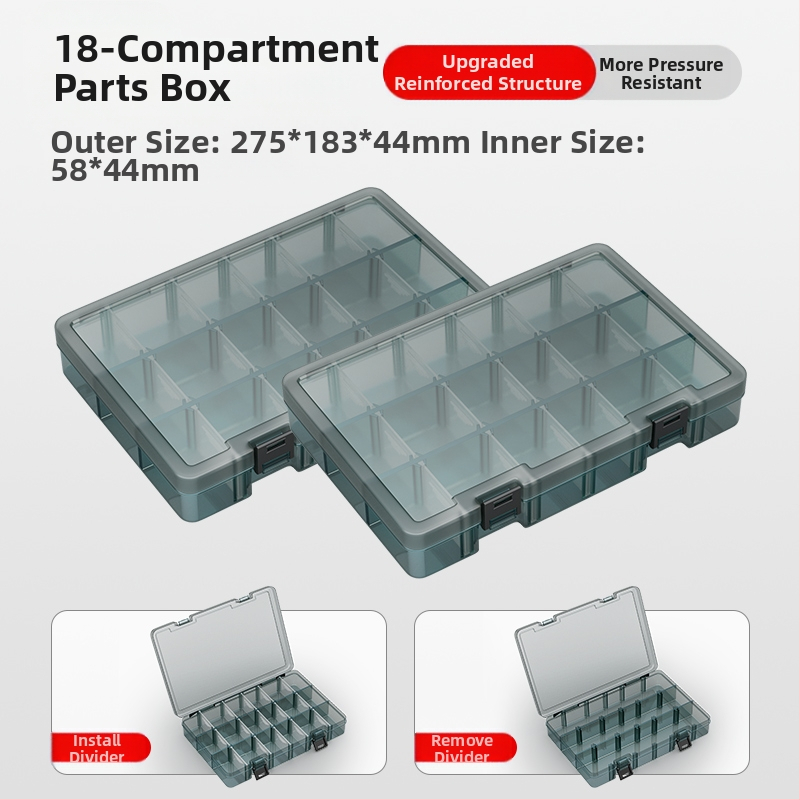 Plasztikus alkatrész tároló doboz többszintes rekeszekkel és megerősített válaszfalakkal, levehető elválasztókkal csavarokhoz, fúrófejekhez és elektronikai alkatrészekhez