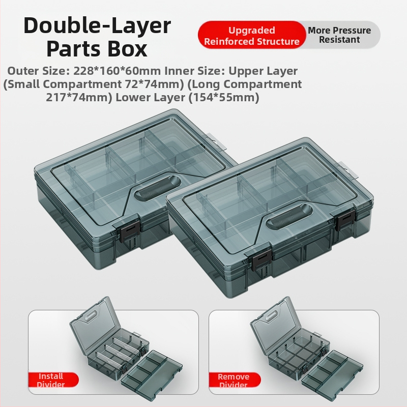 Plasztikus alkatrész tároló doboz többszintes rekeszekkel és megerősített válaszfalakkal, levehető elválasztókkal csavarokhoz, fúrófejekhez és elektronikai alkatrészekhez