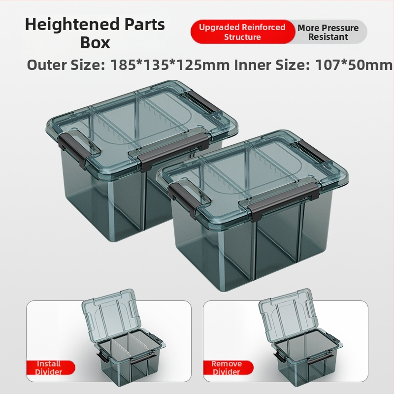 Plasztikus alkatrész tároló doboz többszintes rekeszekkel és megerősített válaszfalakkal, levehető elválasztókkal csavarokhoz, fúrófejekhez és elektronikai alkatrészekhez