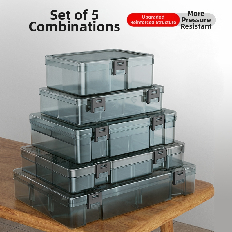 Plasztikus alkatrész tároló doboz többszintes rekeszekkel és megerősített válaszfalakkal, levehető elválasztókkal csavarokhoz, fúrófejekhez és elektronikai alkatrészekhez