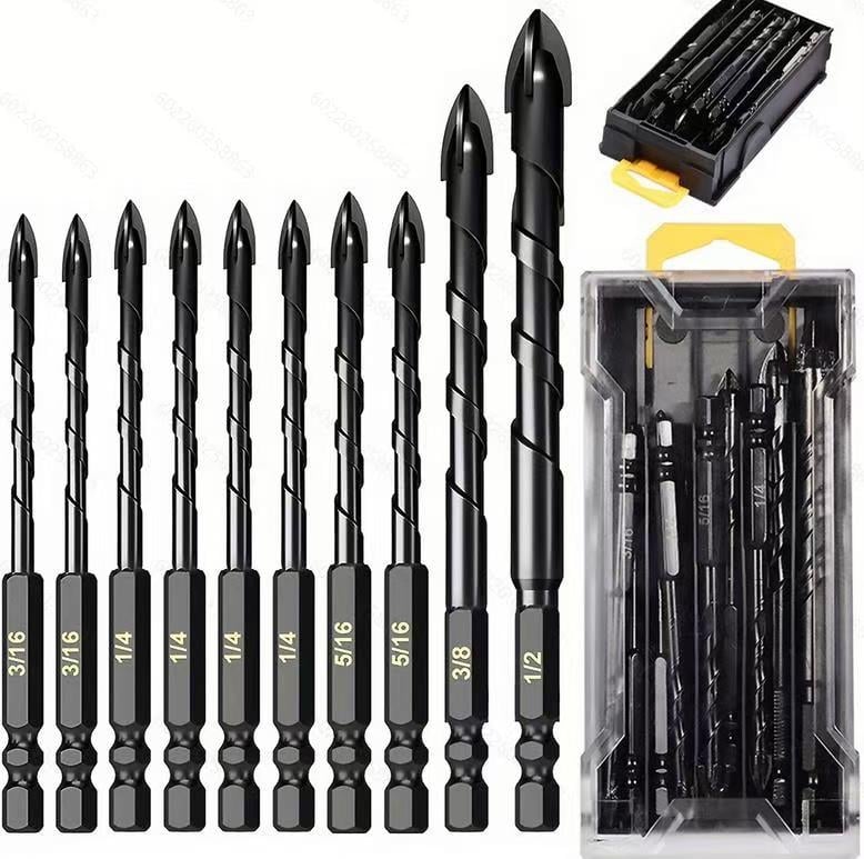 Комплект кръстови сверла с четири ръба за бетон, плочки, стъкло и керамика, шестогранен държач, от волфрамова стомана