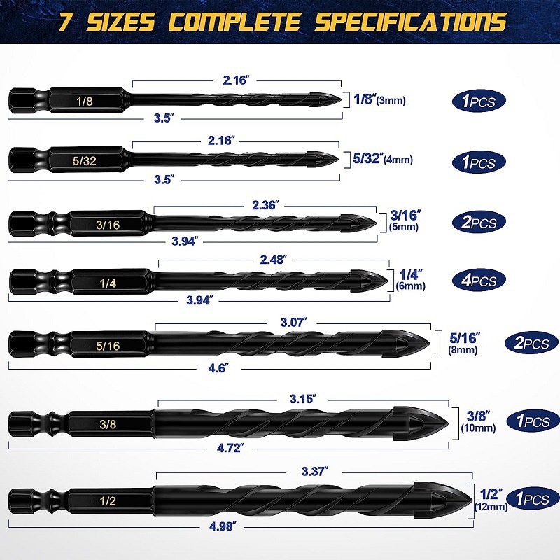 Σετ τρυπανιών με τετραπλεύρη σταυροειδή κεφαλή για σκυρόδεμα, κεραμικά, γυαλί και κεραμική, εξάγωνος άξονας
