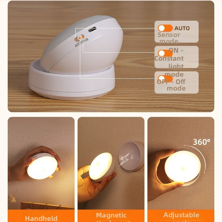 LED нощна лампа с датчик за движение, 360° въртене, магнитно закрепване, презареждаща се батерия (360° въртене, сензор за движение, LED, презареждаща се батерия, магнитно закрепване)
