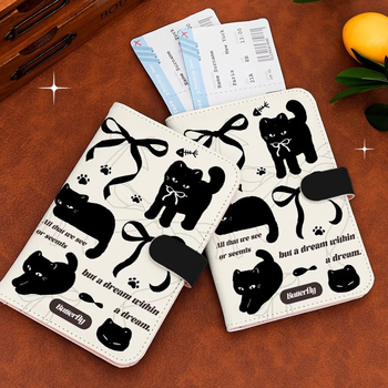 Katės motyvo pasų laikiklis ir kortelių portfelis – PU medžiaga, gyvūnų raštas, pasas/ID laikiklis, 2025 m. pavasaris