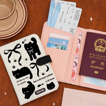 Katės motyvo pasų laikiklis ir kortelių portfelis – PU medžiaga, gyvūnų raštas, pasas/ID laikiklis, 2025 m. pavasaris
