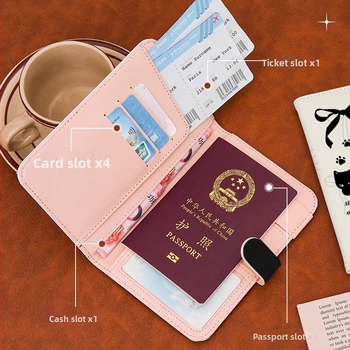 Katės motyvo pasų laikiklis ir kortelių portfelis – PU medžiaga, gyvūnų raštas, pasas/ID laikiklis, 2025 m. pavasaris