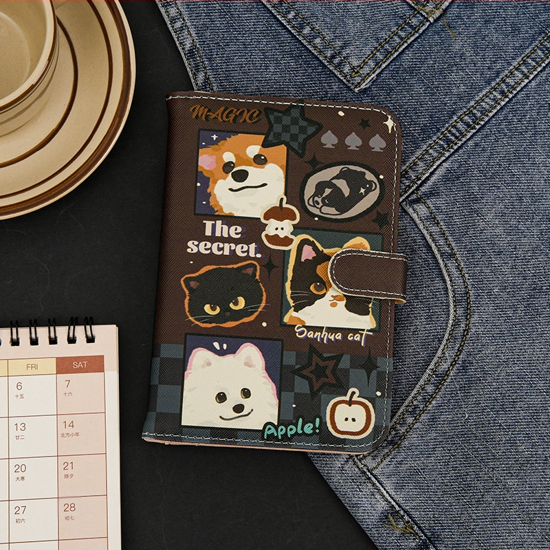 Katės motyvo pasų laikiklis ir kortelių portfelis – PU medžiaga, gyvūnų raštas, pasas/ID laikiklis, 2025 m. pavasaris