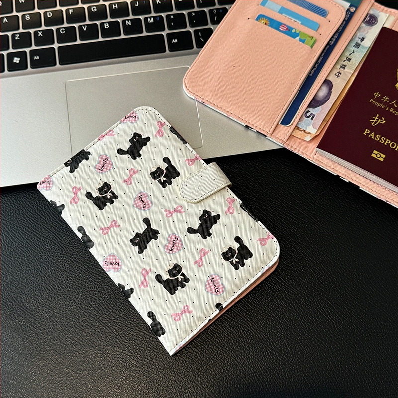 Katės motyvo pasų laikiklis ir kortelių portfelis – PU medžiaga, gyvūnų raštas, pasas/ID laikiklis, 2025 m. pavasaris