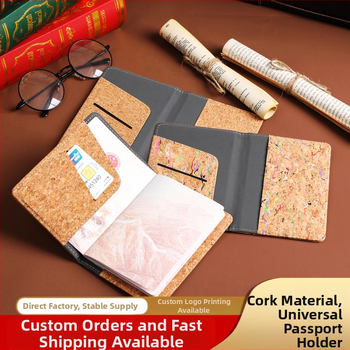 Pasportų ir kortelių dėklas iš natūralios kamštienos ir medžio rašto PU, logotipo spauda – dviejų plokščių dizainas