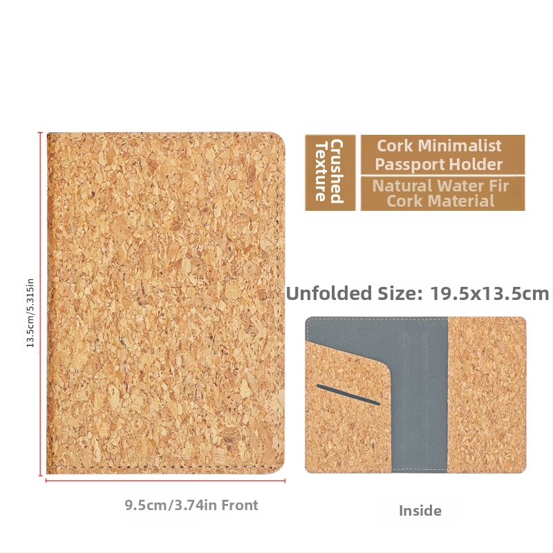 Pasportų ir kortelių dėklas iš natūralios kamštienos ir medžio rašto PU, logotipo spauda – dviejų plokščių dizainas