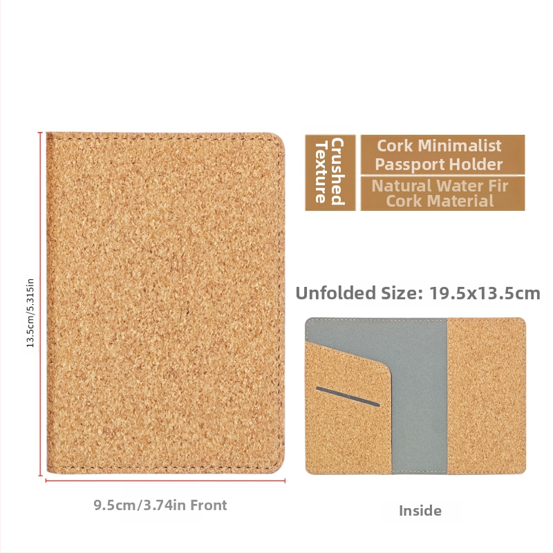 Pasportų ir kortelių dėklas iš natūralios kamštienos ir medžio rašto PU, logotipo spauda – dviejų plokščių dizainas