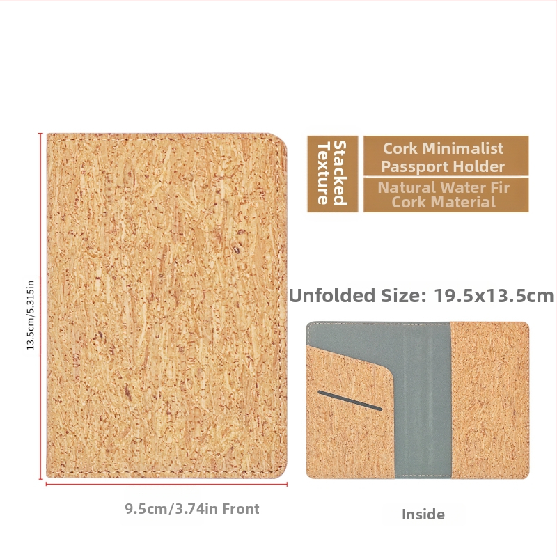 Pasportų ir kortelių dėklas iš natūralios kamštienos ir medžio rašto PU, logotipo spauda – dviejų plokščių dizainas