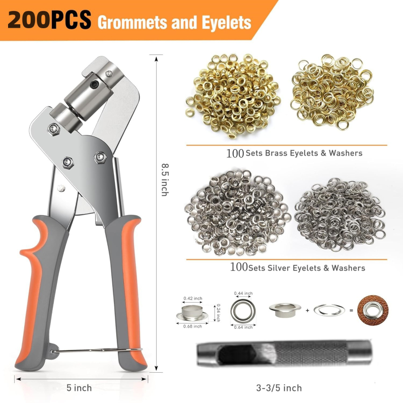 Unealtă manuală pentru ochiuri pe țesături – construcție din fier și oțel carbon, clește pentru ochiuri cu ciocan, potrivită pentru îmbrăcăminte, genți și textile publicitare