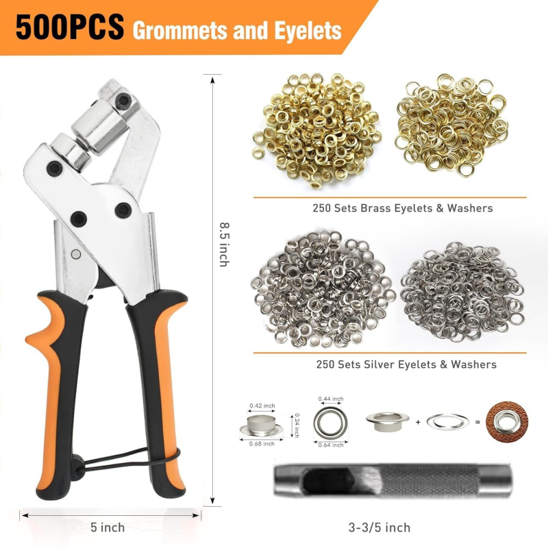 Unealtă manuală pentru ochiuri pe țesături – construcție din fier și oțel carbon, clește pentru ochiuri cu ciocan, potrivită pentru îmbrăcăminte, genți și textile publicitare