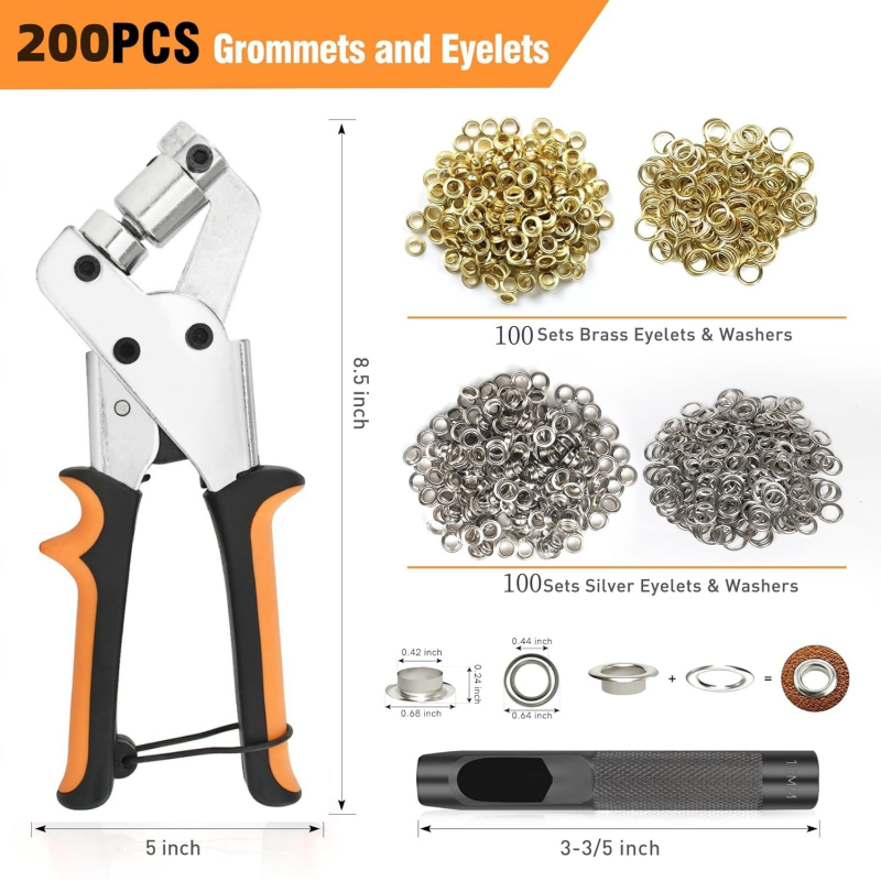 Unealtă manuală pentru ochiuri pe țesături – construcție din fier și oțel carbon, clește pentru ochiuri cu ciocan, potrivită pentru îmbrăcăminte, genți și textile publicitare