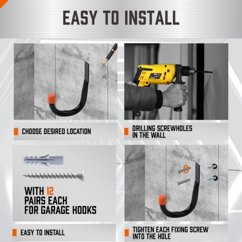 Σετ γάντζων για γκαράζ — έξι γάντζοι για ποδήλατα με βίδες, κατάλληλο για αποθήκευση σε κήπο και γκαράζ, μέγιστο φορτίο 15 κιλά