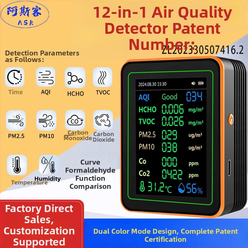 Ανιχνευτής ποιότητας αέρα 15-σε-1: CO2, PM2.5, TVOC, φορμαλδεΰδη, θερμοκρασία & υγρασία, μοντέλο ZN-MT22, εύρος CO2 400-5000 ppm, ακρίβεια 1 ppm, DC 3.7V