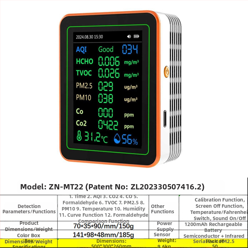Ανιχνευτής ποιότητας αέρα 15-σε-1: CO2, PM2.5, TVOC, φορμαλδεΰδη, θερμοκρασία & υγρασία, μοντέλο ZN-MT22, εύρος CO2 400-5000 ppm, ακρίβεια 1 ppm, DC 3.7V