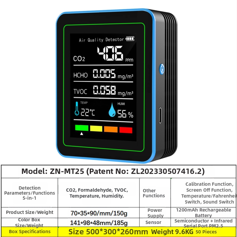 Ανιχνευτής ποιότητας αέρα 15-σε-1: CO2, PM2.5, TVOC, φορμαλδεΰδη, θερμοκρασία & υγρασία, μοντέλο ZN-MT22, εύρος CO2 400-5000 ppm, ακρίβεια 1 ppm, DC 3.7V