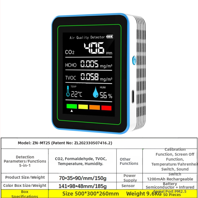 Ανιχνευτής ποιότητας αέρα 15-σε-1: CO2, PM2.5, TVOC, φορμαλδεΰδη, θερμοκρασία & υγρασία, μοντέλο ZN-MT22, εύρος CO2 400-5000 ppm, ακρίβεια 1 ppm, DC 3.7V