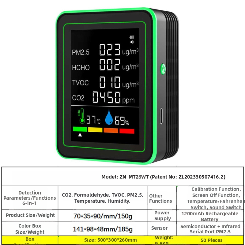 Ανιχνευτής ποιότητας αέρα 15-σε-1: CO2, PM2.5, TVOC, φορμαλδεΰδη, θερμοκρασία & υγρασία, μοντέλο ZN-MT22, εύρος CO2 400-5000 ppm, ακρίβεια 1 ppm, DC 3.7V