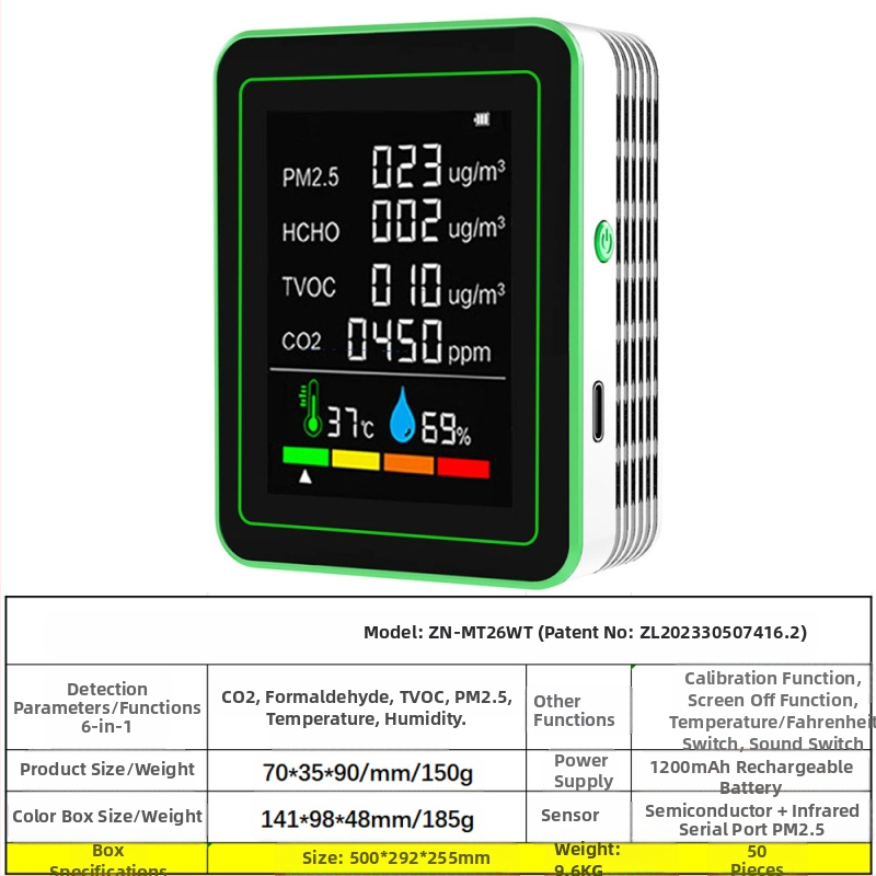 Ανιχνευτής ποιότητας αέρα 15-σε-1: CO2, PM2.5, TVOC, φορμαλδεΰδη, θερμοκρασία & υγρασία, μοντέλο ZN-MT22, εύρος CO2 400-5000 ppm, ακρίβεια 1 ppm, DC 3.7V
