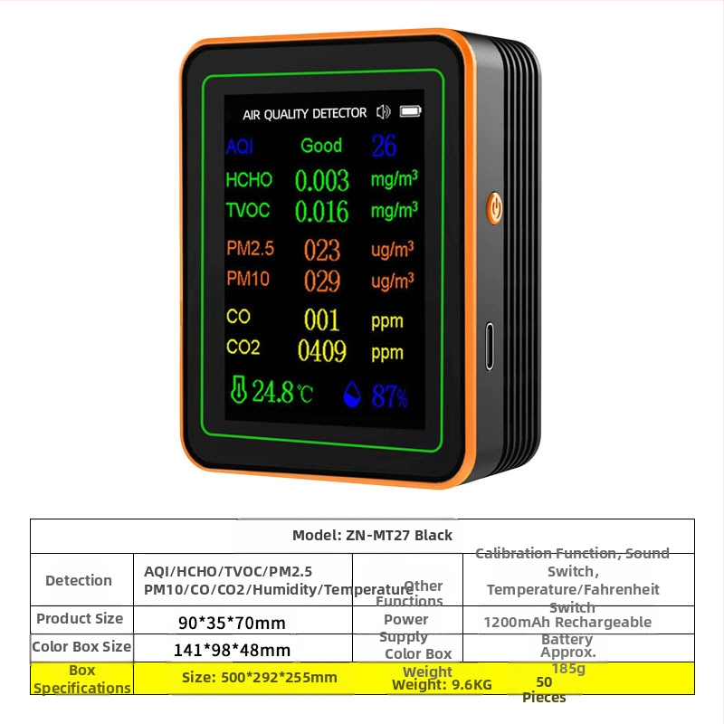 Ανιχνευτής ποιότητας αέρα 15-σε-1: CO2, PM2.5, TVOC, φορμαλδεΰδη, θερμοκρασία & υγρασία, μοντέλο ZN-MT22, εύρος CO2 400-5000 ppm, ακρίβεια 1 ppm, DC 3.7V