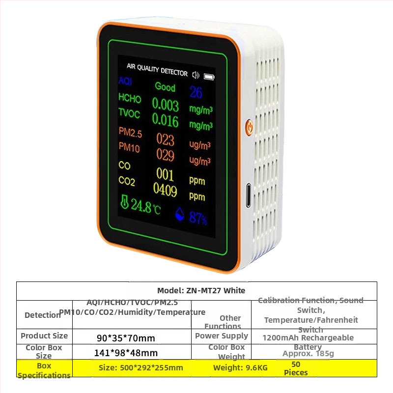 Ανιχνευτής ποιότητας αέρα 15-σε-1: CO2, PM2.5, TVOC, φορμαλδεΰδη, θερμοκρασία & υγρασία, μοντέλο ZN-MT22, εύρος CO2 400-5000 ppm, ακρίβεια 1 ppm, DC 3.7V