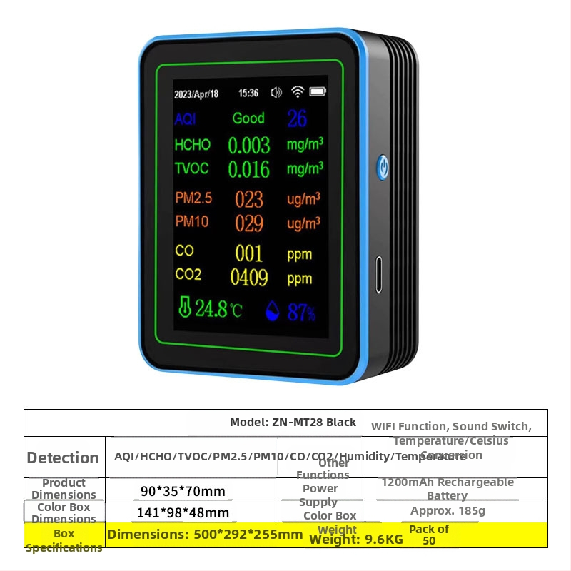 Ανιχνευτής ποιότητας αέρα 15-σε-1: CO2, PM2.5, TVOC, φορμαλδεΰδη, θερμοκρασία & υγρασία, μοντέλο ZN-MT22, εύρος CO2 400-5000 ppm, ακρίβεια 1 ppm, DC 3.7V