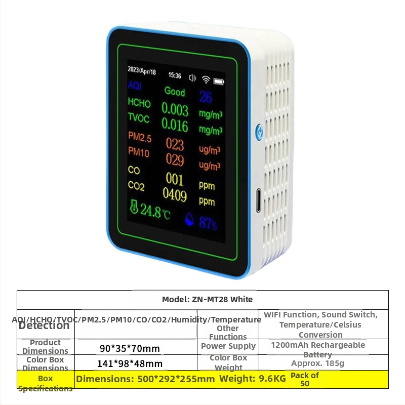 Ανιχνευτής ποιότητας αέρα 15-σε-1: CO2, PM2.5, TVOC, φορμαλδεΰδη, θερμοκρασία & υγρασία, μοντέλο ZN-MT22, εύρος CO2 400-5000 ppm, ακρίβεια 1 ppm, DC 3.7V