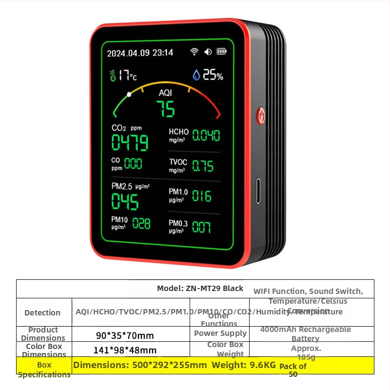Ανιχνευτής ποιότητας αέρα 15-σε-1: CO2, PM2.5, TVOC, φορμαλδεΰδη, θερμοκρασία & υγρασία, μοντέλο ZN-MT22, εύρος CO2 400-5000 ppm, ακρίβεια 1 ppm, DC 3.7V